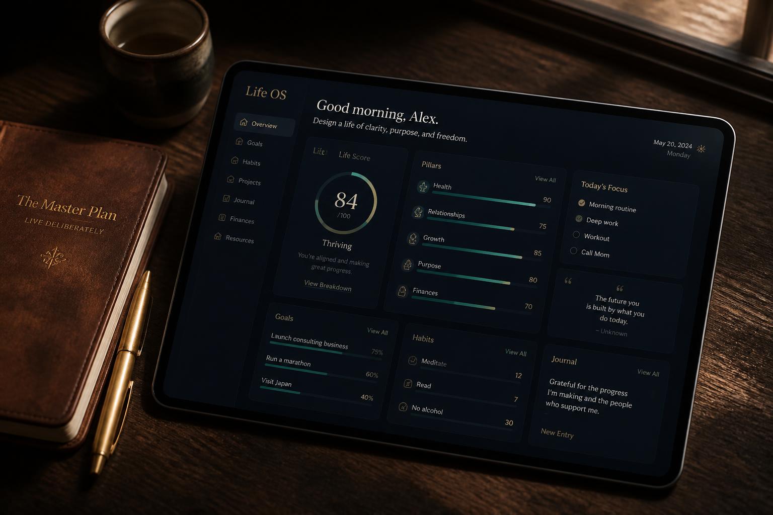 LifeByDesign dashboard shown on a tablet beside a leather journal